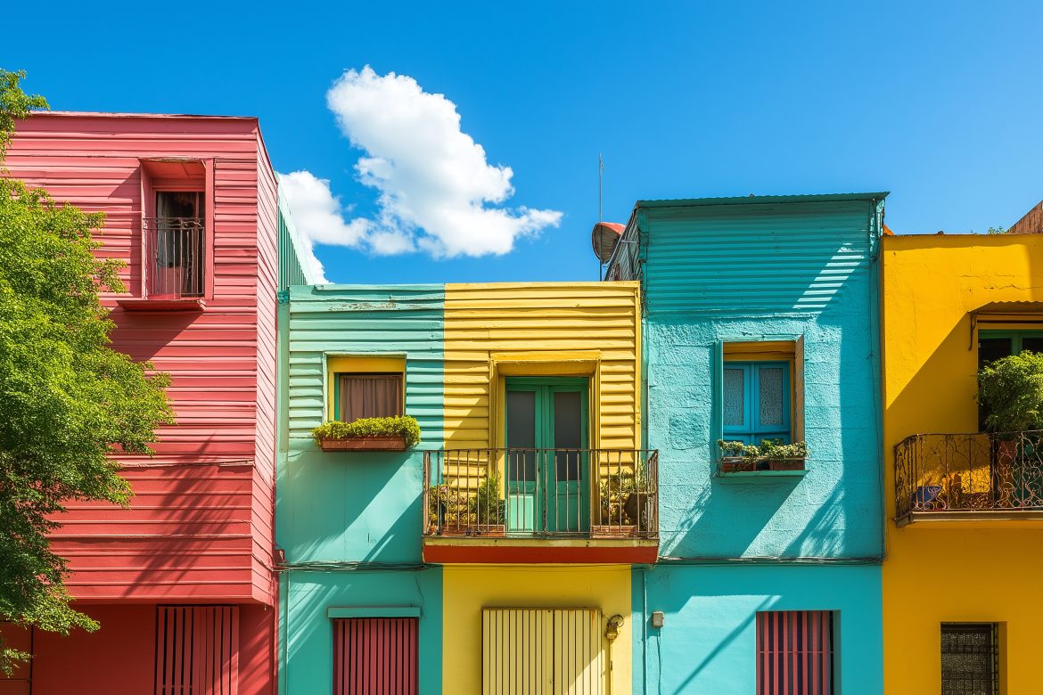 A row of colorful buildings with a blue one in the middle