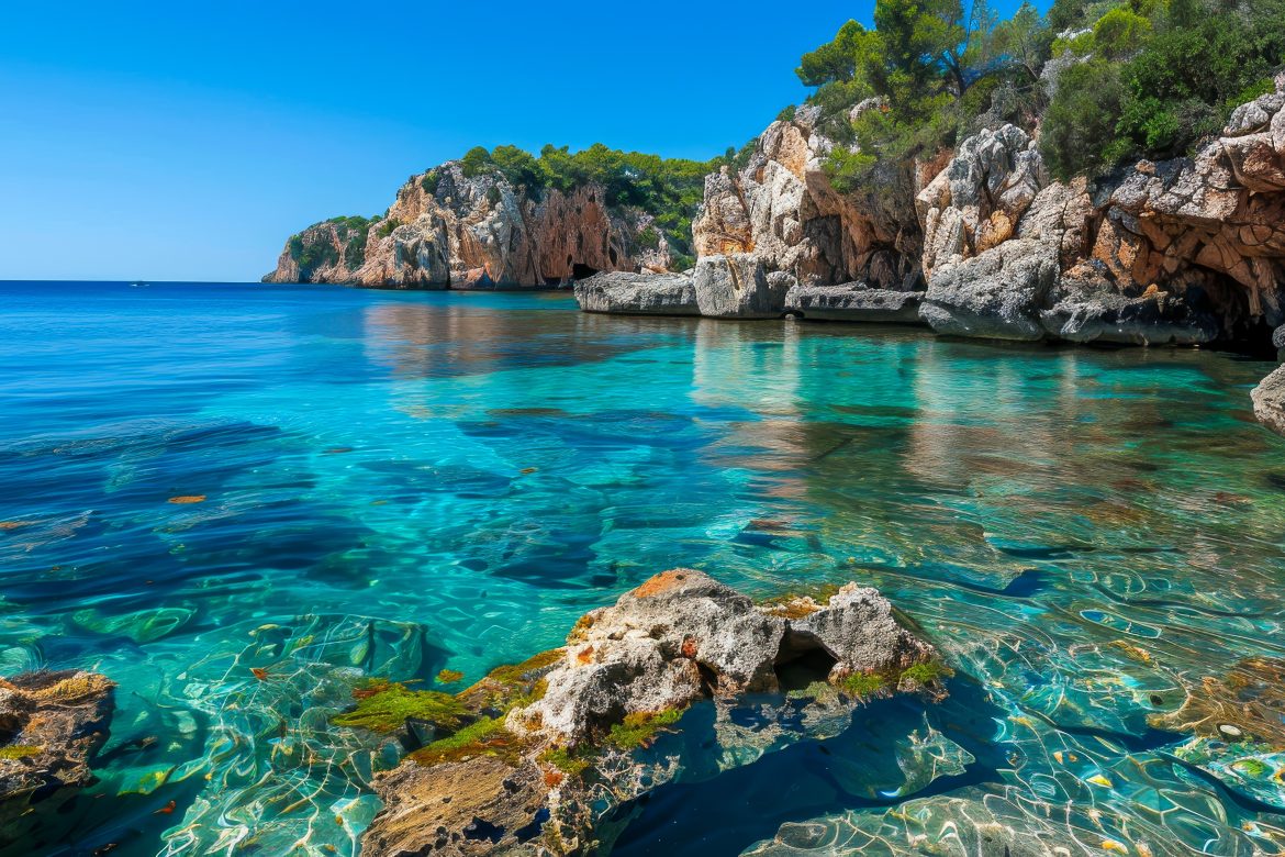 A beautiful blue ocean with a rocky shoreline