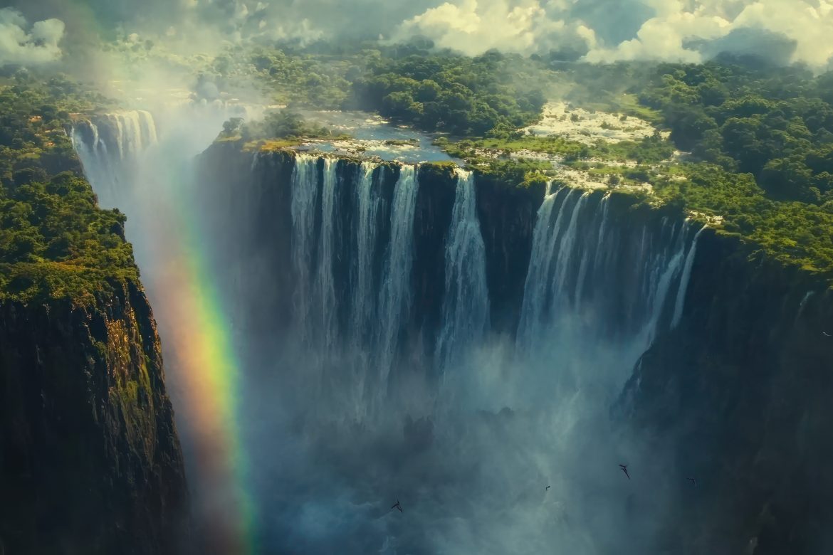 Vue aérienne spectaculaire des chutes Victoria avec un arc-en-ciel