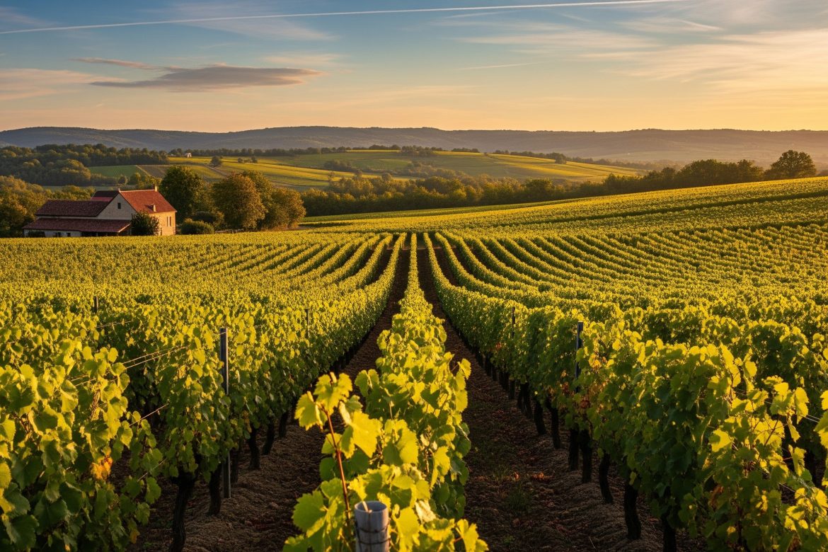 Champs de vignes au coucher du soleil