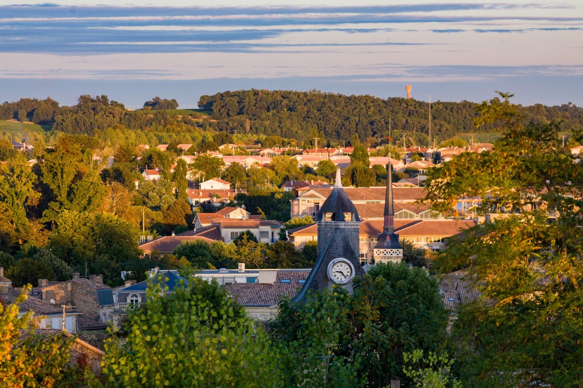 blaye Blaye, région de Bordeaux, France, vue générale de la ville et du vignoble au premier plan depuis la citadelle, façades ensoleillées des bâtiments du Cours du Port.