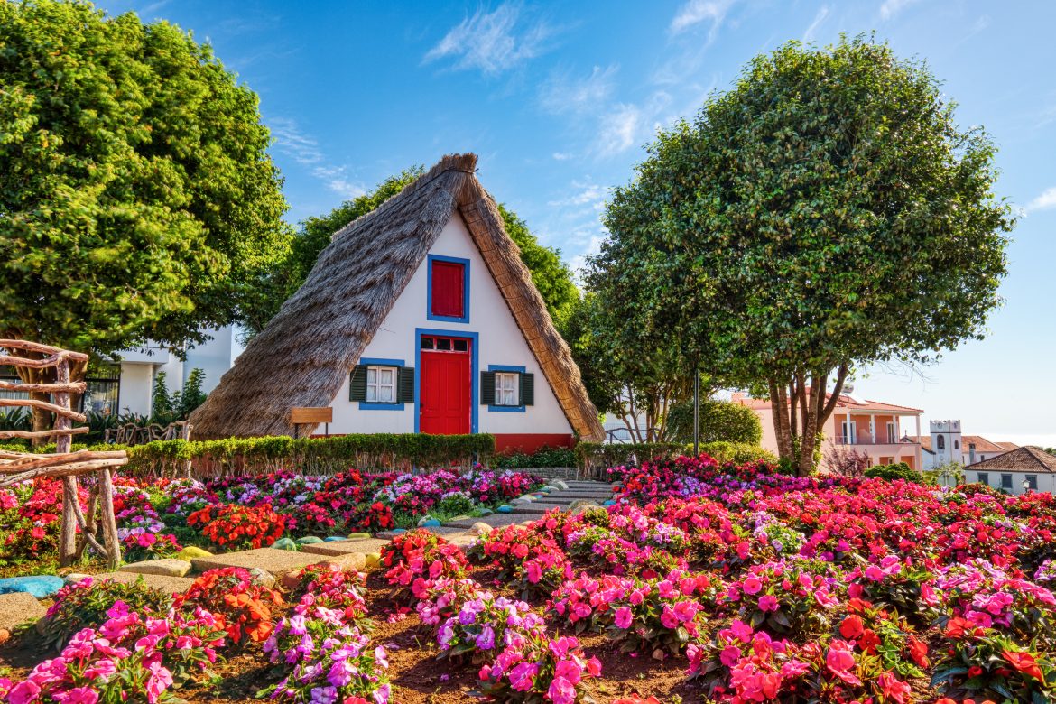 Maisons traditionnelles de Madère par une journée ensoleillée, Portugal. Mots-clés : Madère, Santana, île, Portugal, fleurs, nature, ancien, traditionnel, voyage, maison, paysage, habitation, architecture, triangle, culture, portugais, résidentiel, chaume, toit, village, monument, cabane, ville, chalet, campagne, chalet, historique, ferme, destinations, Funchal, bâtiment, manoir, rural, Europe, patrimoine, Santana Madère, destination, île de Madère, fleur, été, bois, campagne, historique, île de Madère, attraction, paysage, coucher de soleil, pittoresque, ensoleillé, journée